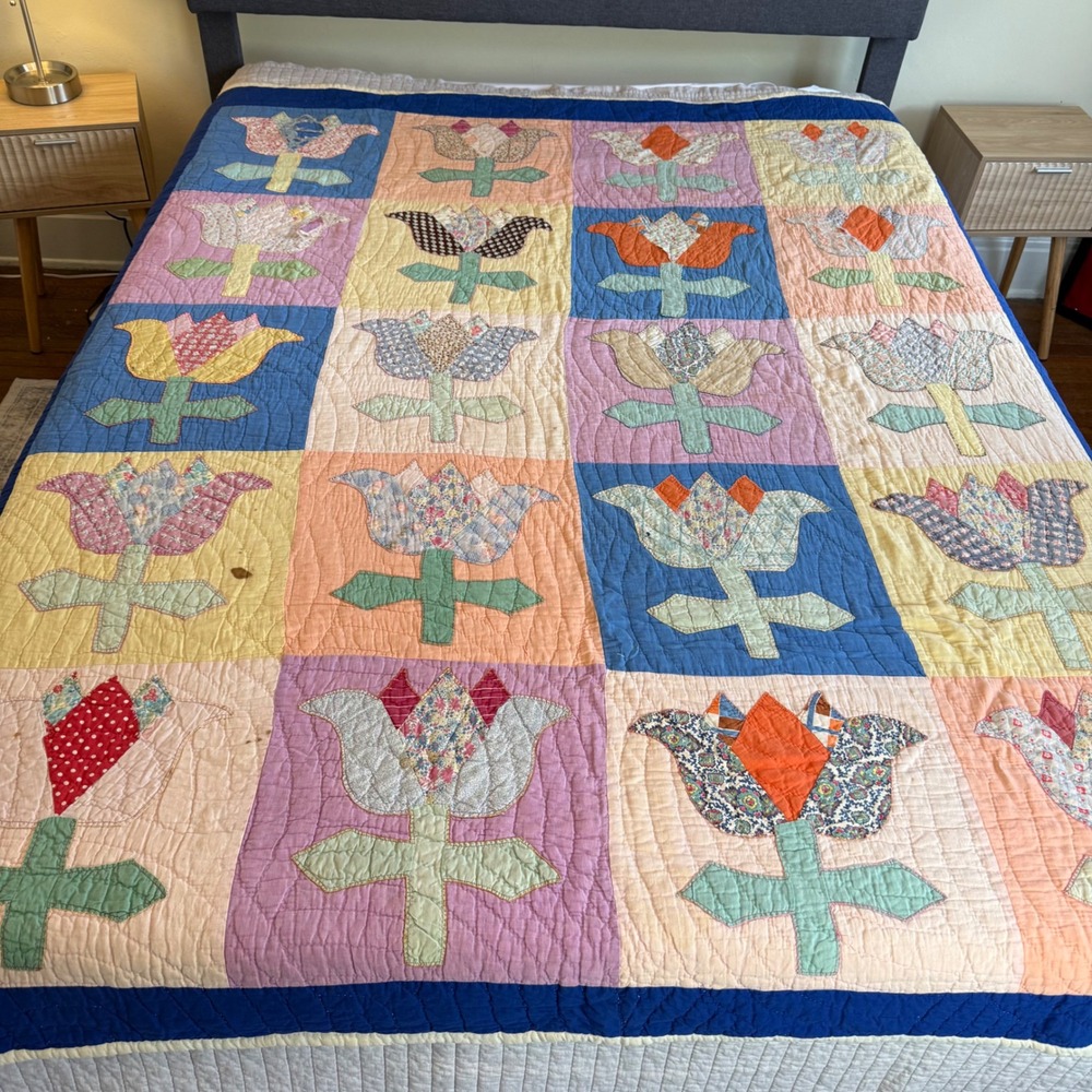 Vintage Tulip Applique Hand Quilted Patchwork Quilt Multi Color Brooklyn NY 40s